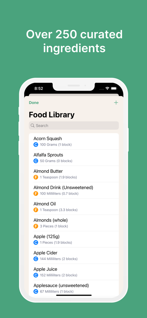Zone Meal Planner - La aplicación Zone Meal Planner mostrando una biblioteca de alimentos seleccionados con valores de bloques de ingredientes para la dieta 40-30-30