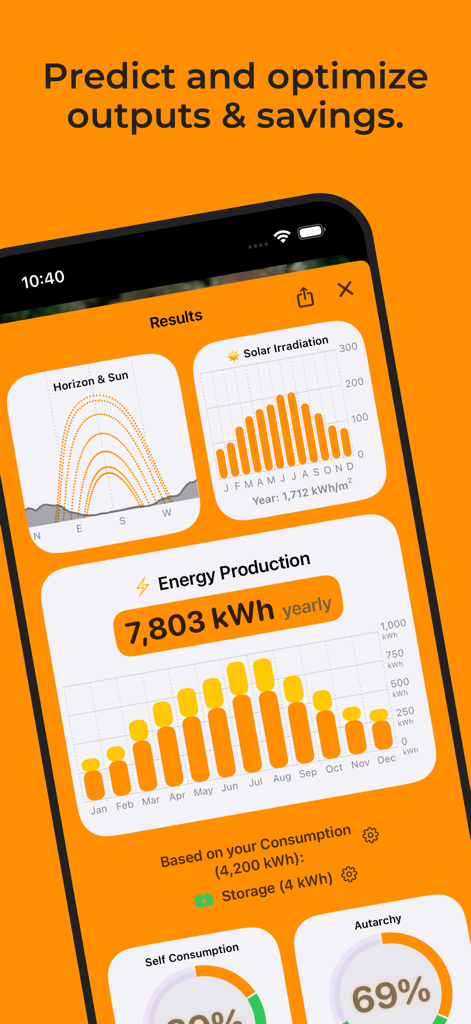 Solartelligent: PV Planner - Solartelligent app results screen showing solar irradiation, yearly energy production, and autarchy metrics