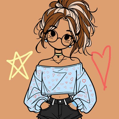 girl with a messy ponytail glasses a baggy crop top and jean shorts