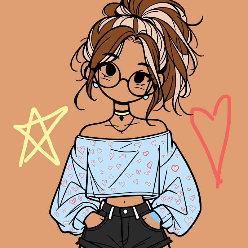 girl with a messy ponytail glasses a baggy crop top and jean shorts