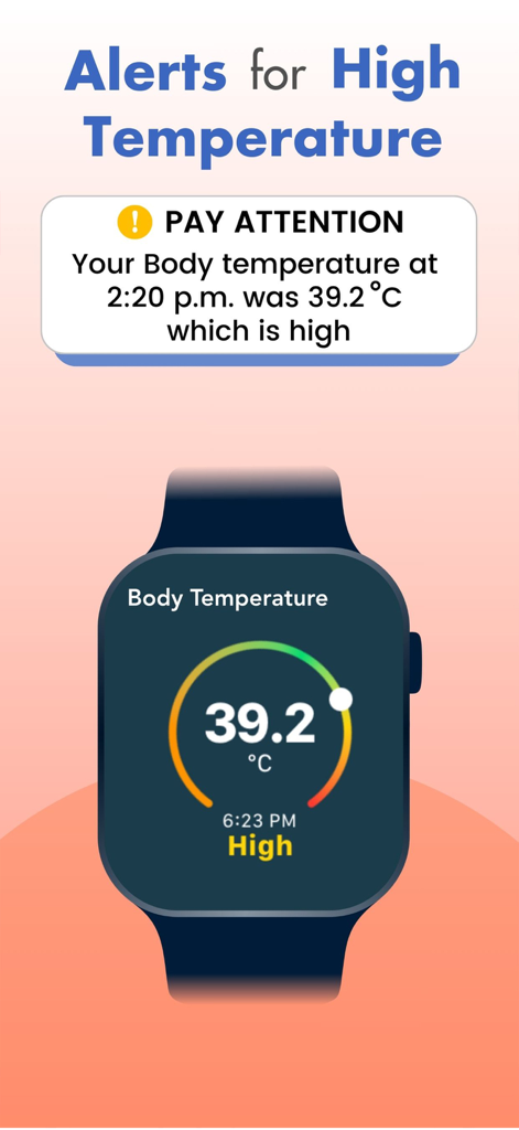 Thermometer: Body Temperature - High fever alert notification on a smartphone and synchronized Apple Watch showing a body temperature of 39.2 degrees