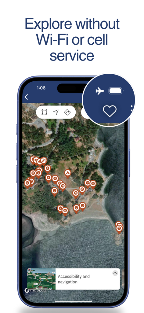 Parks Canada App - Ein Smartphone, das eine Satellitenkarte eines Parks mit mehreren Standortnadeln und dem Text "Erkunden ohne WLAN oder Mobilfunk" anzeigt