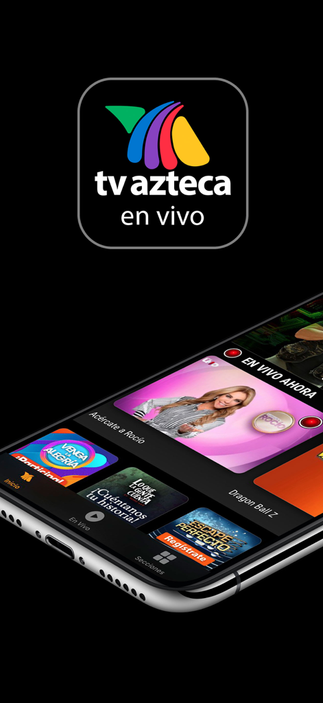 TV Azteca En Vivo - Ecrã de smartphone exibindo a app TV Azteca Ao Vivo com programas de televisão mexicanos e desportos ao vivo.