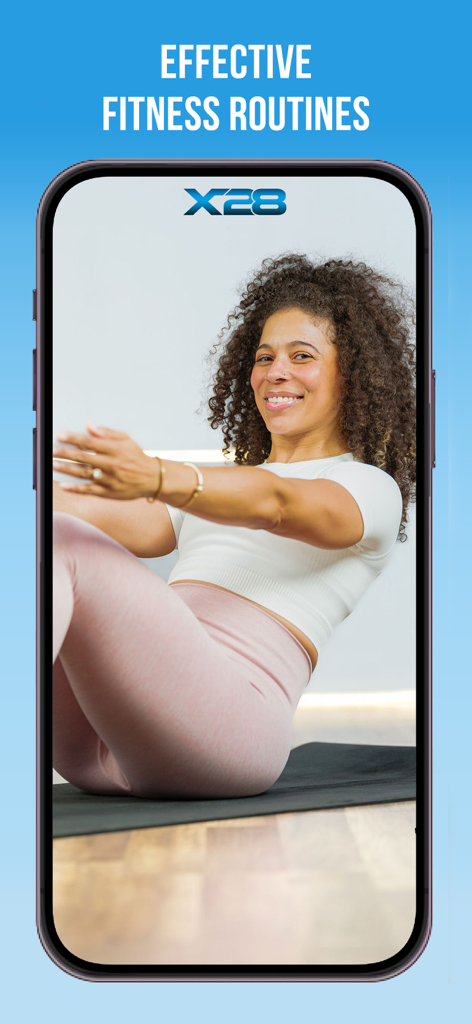 X28 Fitness & Nutrition - A smiling woman performing abdominal exercises on a yoga mat within the X28 Fitness app.