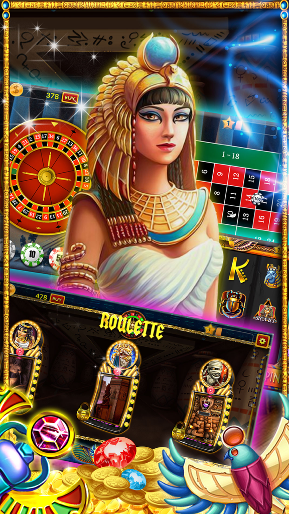 An Egyptian queen surrounded by a roulette wheel and gold coins in a casino game app.