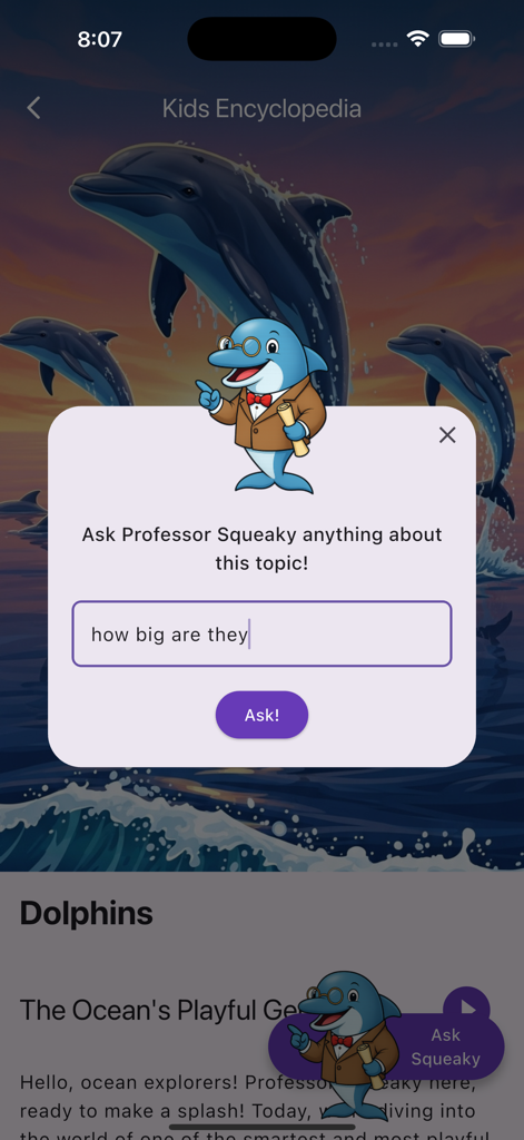 Una finestra di chat IA interattiva nell'app Kids Encyclopedia con un personaggio delfino in versione cartone animato per imparare sui delfini