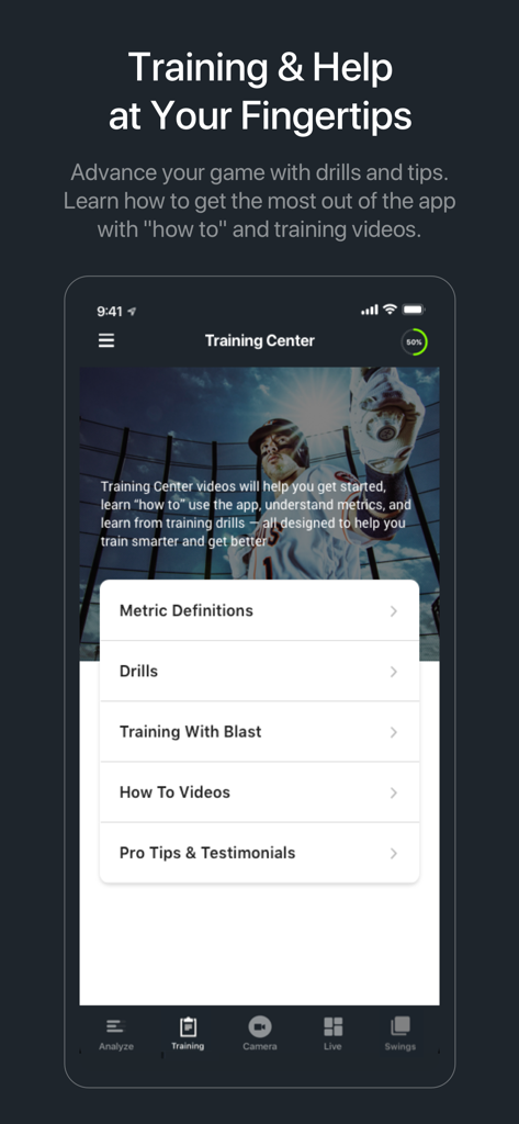 Blast Baseball Training Center screen with drills and metrics
