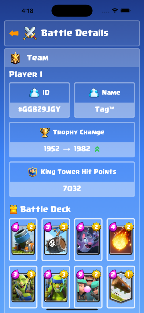 Deck Guides - Clash Royale Kampfanzeige mit Spielerstatistiken, Pokaländerungen und den verwendeten Kampfdeckkarten