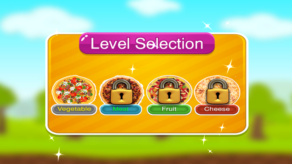Pizza Making: Cooking game - Level selection screen in the Pizza Making game showing vegetable meat fruit and cheese pizza options