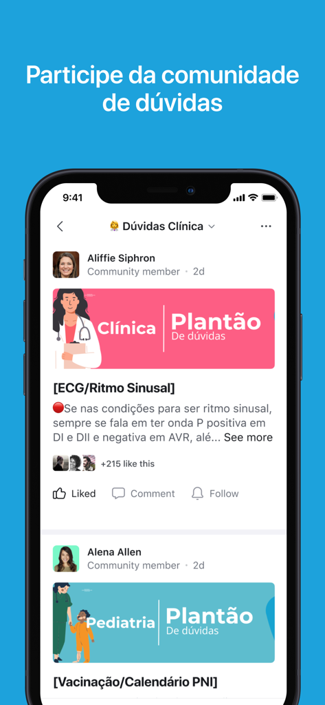 Medcof Plus - A screenshot of the Medcof Plus app showing a social feed for medical professionals to discuss clinical cases and doubts.