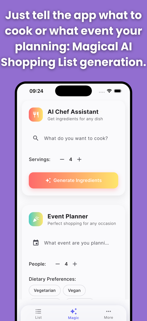 AI Chef Assistant and Event Planner interface for automated grocery list generation