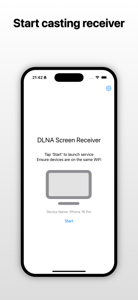 AirScreen DLNA Receiver - AirScreen DLNA Receiver app interface showing the start casting screen on an iPhone