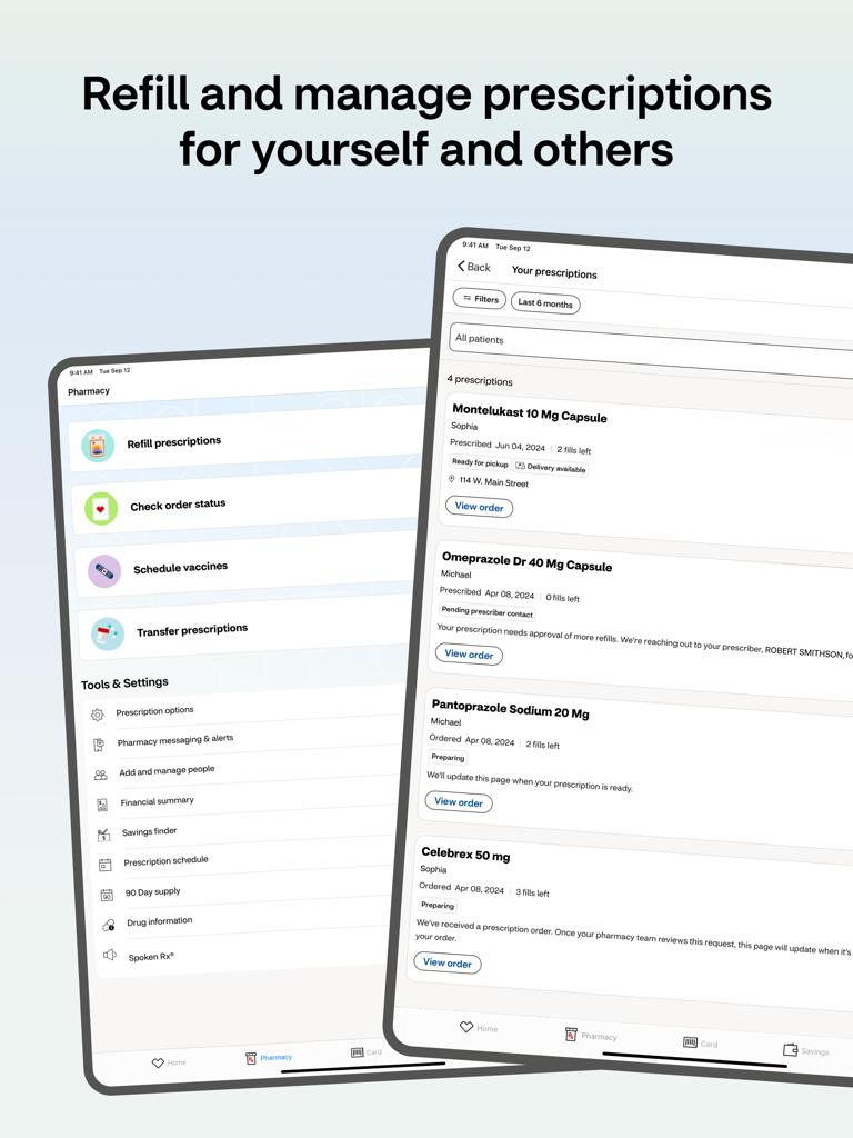 複数の家族メンバーの処方箋の再注文と健康管理が表示されたタブレット上のCVS薬局アプリのインターフェース。