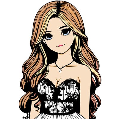 realistic girl with long hair and pretty prom dress