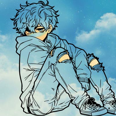 a male hoddie ripped jeans messy hair anime