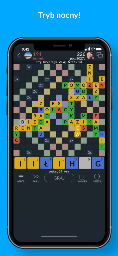Literaki Polish word game mobile interface displaying night mode gameplay with letter tiles and game board