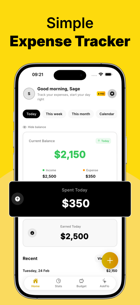 Money Manager: Moneyflo - Moneyflo App Dashboard zeigt aktuelles Guthaben und tägliche finanzielle Zusammenfassung