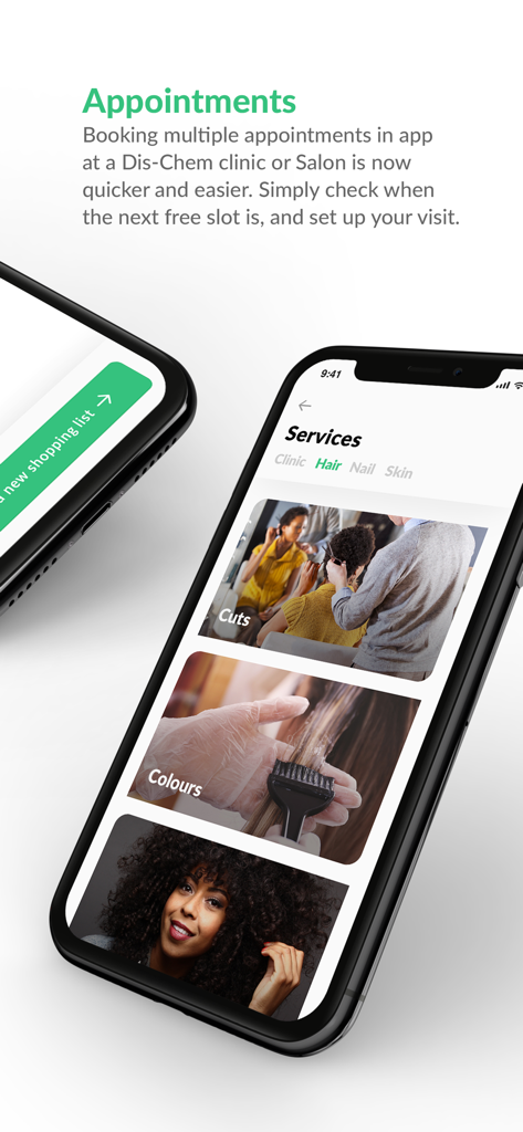 Dis-Chem mobile app interface for booking clinic and hair salon appointments