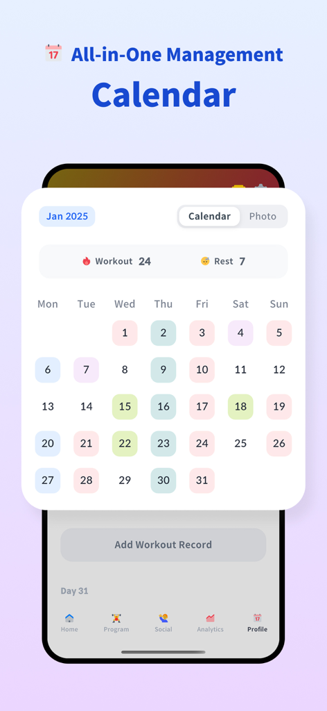 A monthly workout calendar view in the RISE app showing tracked training days and rest days.