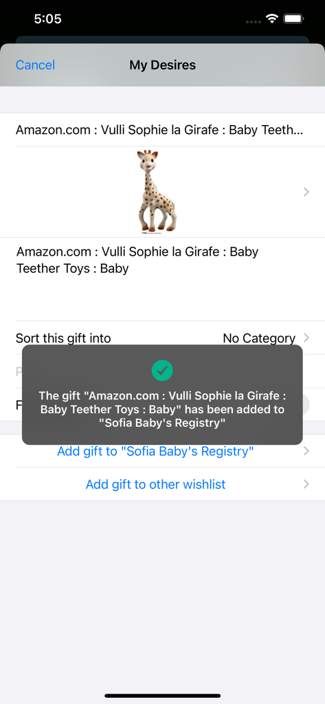 Confirmation screen showing a product successfully added to a baby registry in the My Desires app