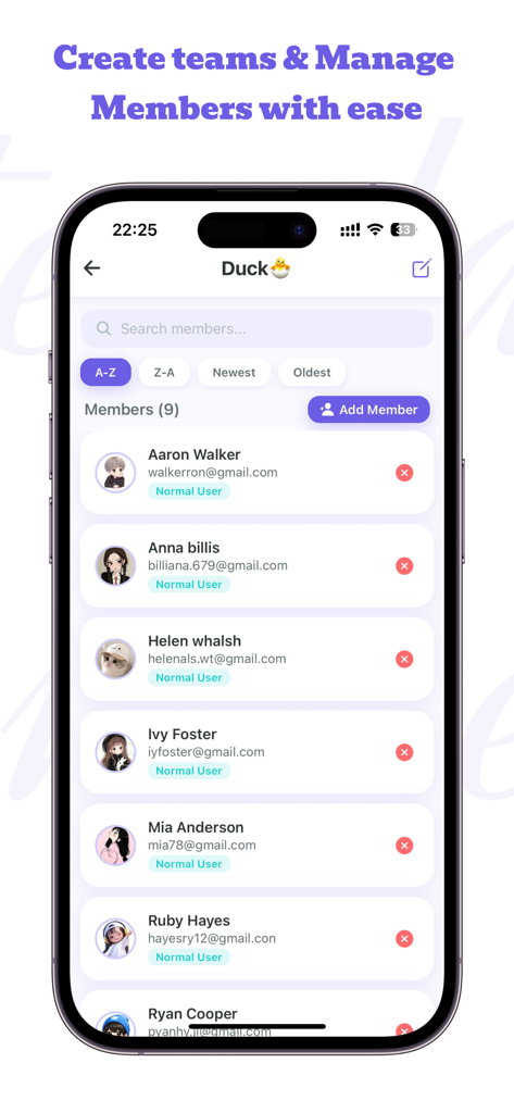 Attendance Manager 2 - Attendance Manager 2 app interface showing a list of team members with their names profile photos and email addresses