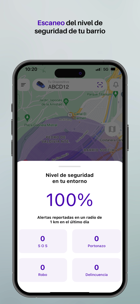 WiseCity - WiseCity App-Oberfläche zeigt einen Sicherheitslevel-Score von 100 Prozent für die Umgebung des Benutzers, basierend auf gemeldeten Risikoveranstaltungen.