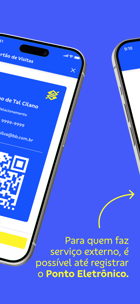 BBFunci 3.0 - Screenshot of the BBFunci 3.0 app featuring a digital business card with a QR code and information about mobile time clock registration for external employees.