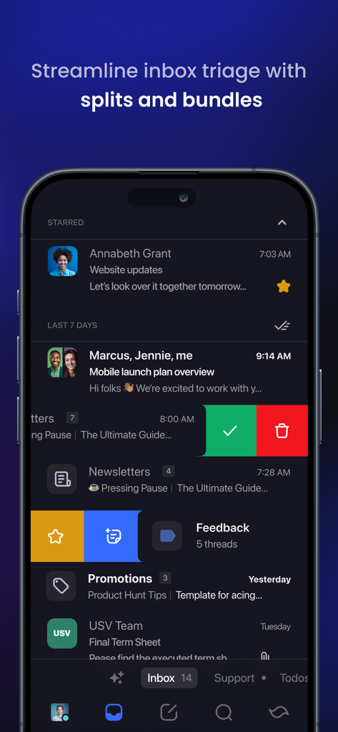 Shortwave - AI Email - Shortwave app interface showing inbox triage with splits and bundles for organized emailing.