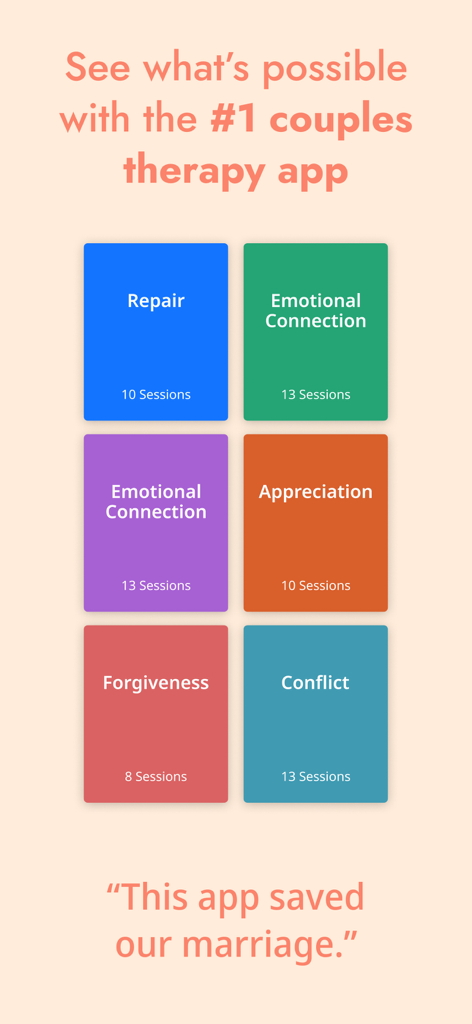Lasting: Marriage & Couples - Interfaz de la aplicación Lasting que muestra varias categorías de sesiones de terapia como Reparar la conexión emocional y Conflicto