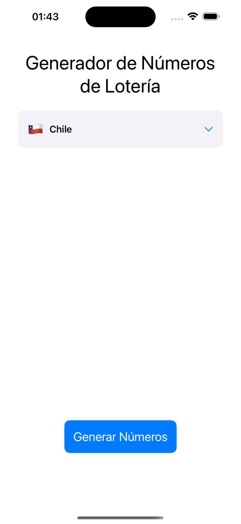 Numeros de loteria - Interfaz de la aplicación generadora de números de lotería con Chile seleccionado y un botón para generar números