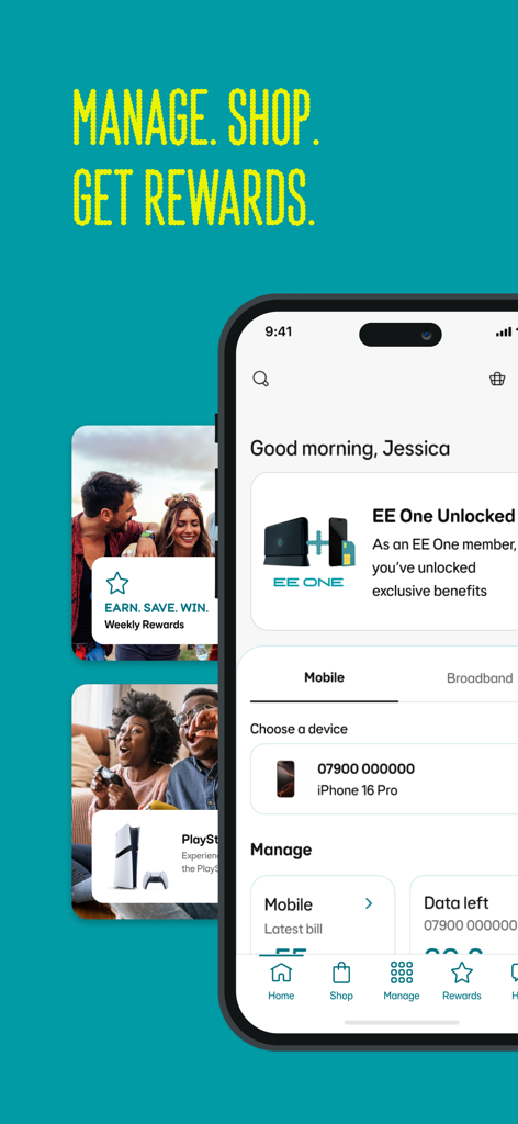 EE app home screen showing account management features rewards and data usage on a mobile phone