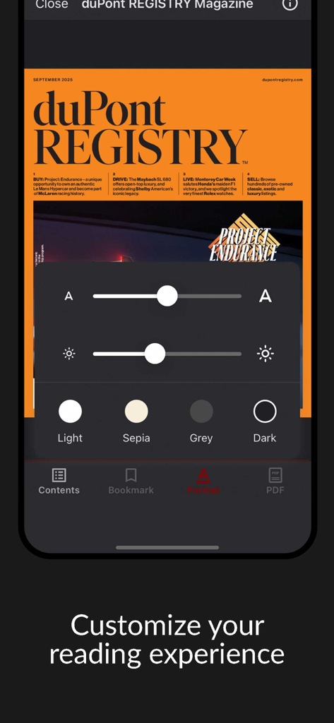 Customize reading experience in duPont REGISTRY Magazine app with font size brightness and theme settings