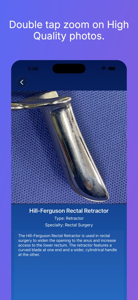 Surgical Instrumentation - Detail screen of Hill Ferguson Rectal Retractor with description in Surgical Instrumentation app