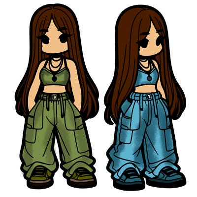 girl in baggy pants crop top and long hair