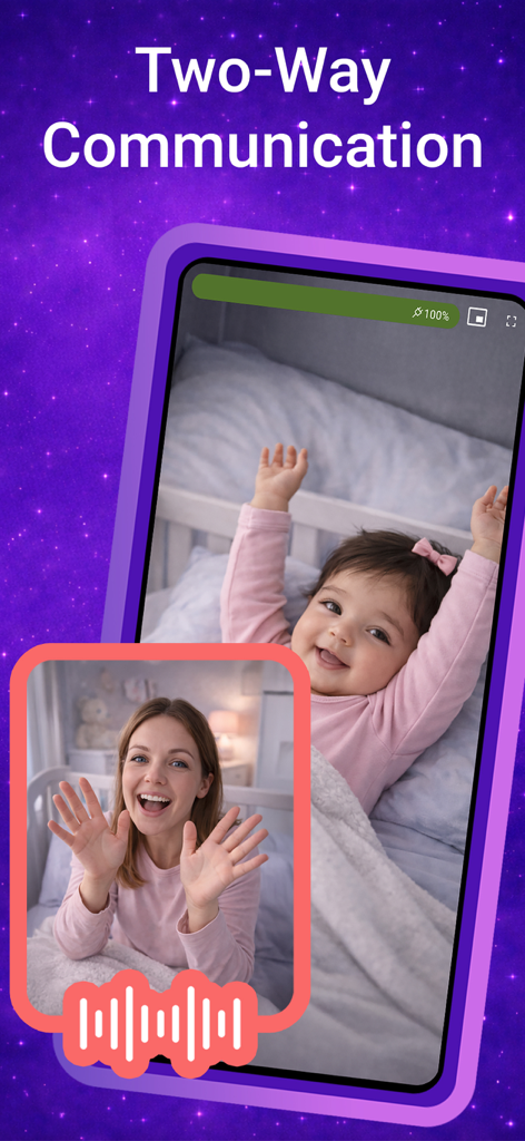 Nani – Baby Monitor - Smartphone screen displaying the Nani baby monitor app with two way communication between a mother and her baby.