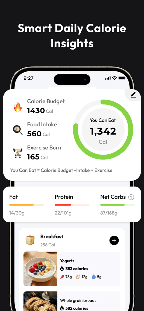 SnapCal: AI Calorie Counter - SnapCal app interface showing daily calorie budget, food intake, exercise burn, and macro tracking for fat, protein, and carbs.