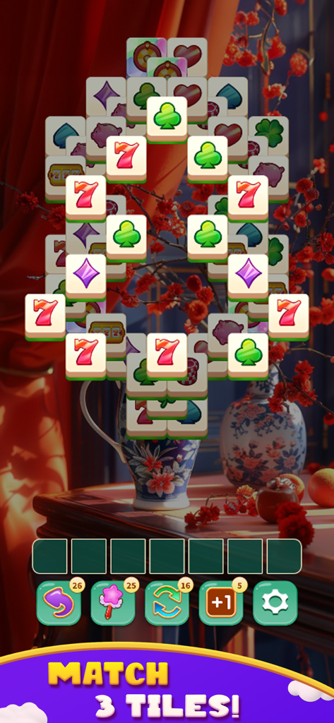 Surprise 3 Tiles - Gameplay screenshot of Surprise 3 Tiles showing a mahjong matching puzzle with an elegant floral background.