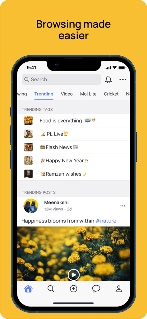 ShareChat app screen showing trending tags and posts for Indian users.
