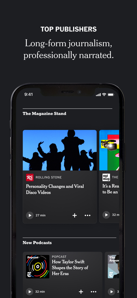 NYT Audio app interface featuring the Magazine Stand with narrated articles from Rolling Stone and new podcasts like Popcast.
