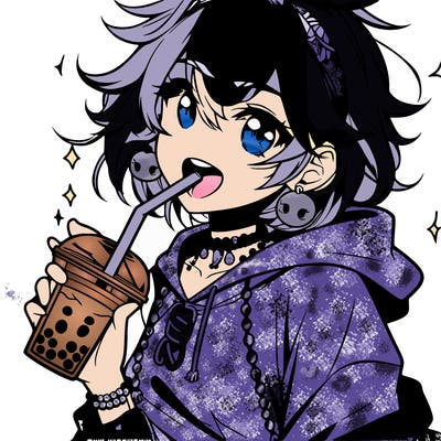 hot baddie anime girl drinking boba and biting the straw