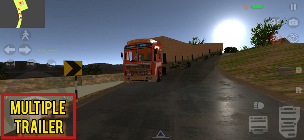 Truck Simulator Real - Un camión indio transportando múltiples remolques en una carretera sinuosa al atardecer en Truck Simulator Real.