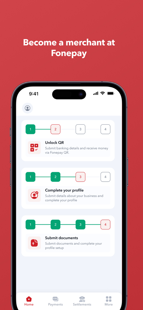 Fonepay Business - Fonepay Business app onboarding screen showing steps to become a merchant and unlock QR payments