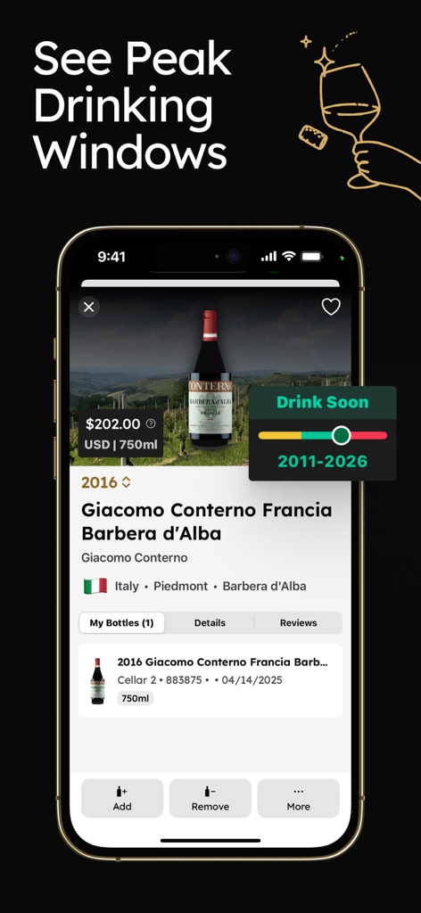 InVintory: Wine Bottle Tracker - InVintoryアプリ画面に、高級ワインボトルのピーク飲み頃期間のタイムラインが表示