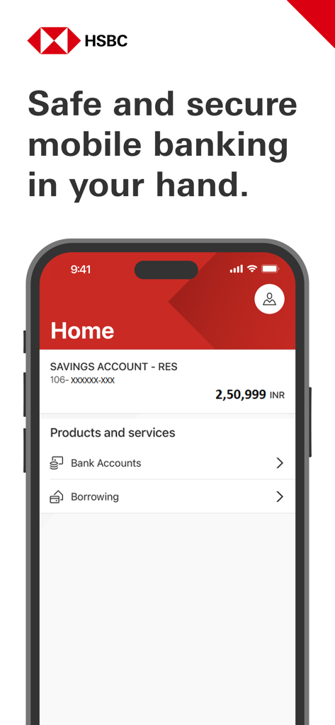 Écran d'accueil de l'application bancaire mobile HSBC Inde affichant le solde du compte et le menu