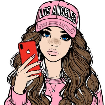 realistic beautiful girl wearing los ángeles cap holding an iphone