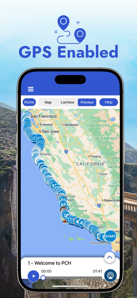 Map view of the Pacific Coast Highway 1 Guide app showing the coastal route with audio tour stops