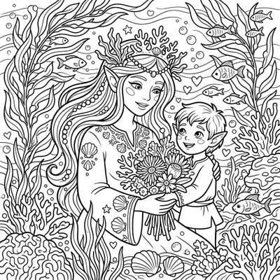 Dive into a heartwarming underwater world with this unique Sea Elves Mother's Day coloring page, celebrating the special bond between a mother and her child. This intricate design offers a tranquil escape, perfect for honoring moms with creativity and charm.