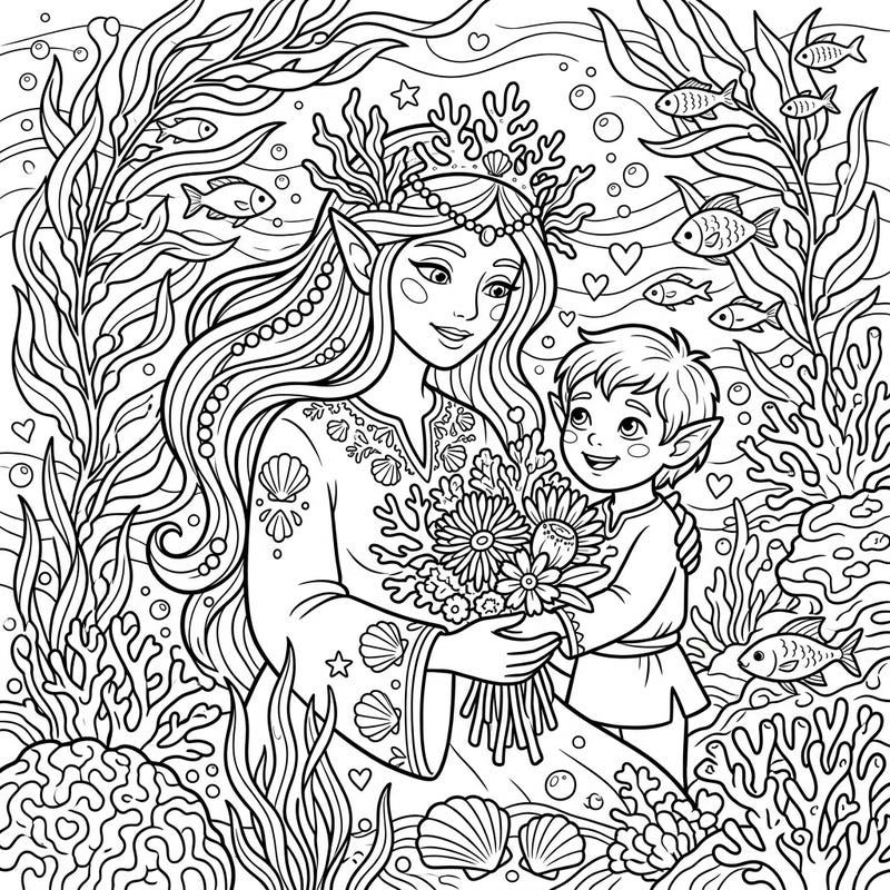 Dive into a heartwarming underwater world with this unique Sea Elves Mother's Day coloring page, celebrating the special bond between a mother and her child. This intricate design offers a tranquil escape, perfect for honoring moms with creativity and charm.