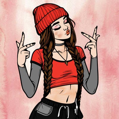 realistic teenage girl with braids and a beanie and crop top doing 🫶🏼
