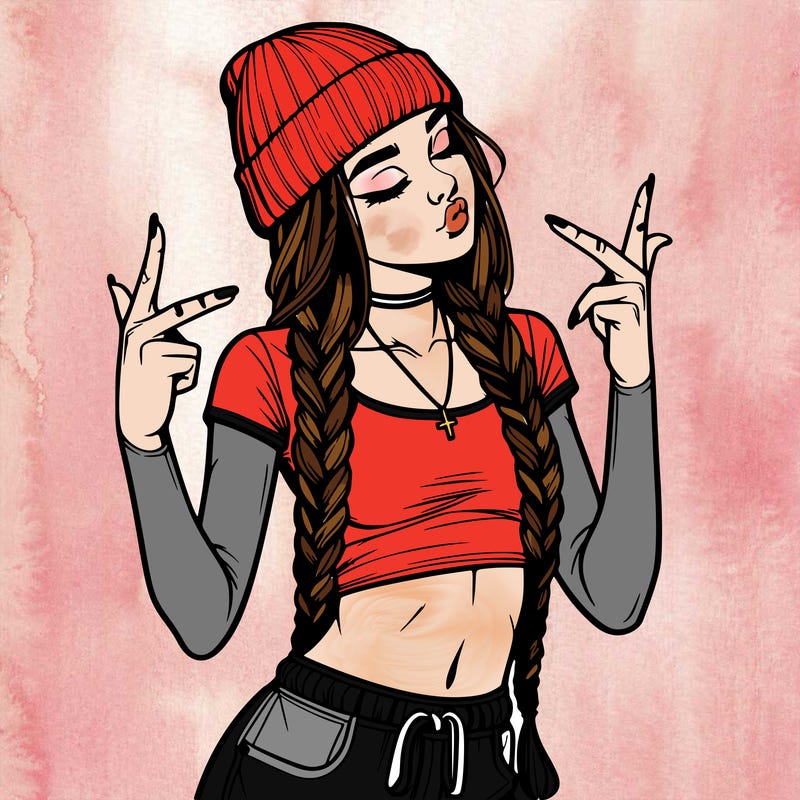 realistic teenage girl with braids and a beanie and crop top doing 🫶🏼